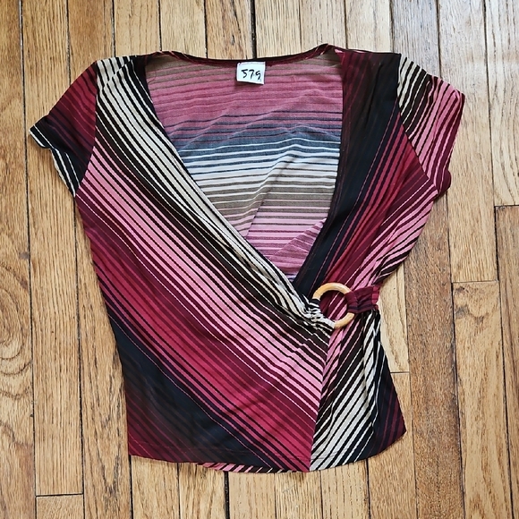 5.7.9 Striped Red and Black Women's Plunging Neck Line Top - Picture 1 of 4